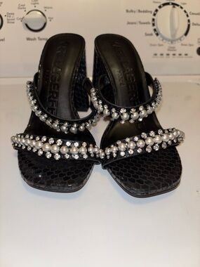 Karl Lagerfeld Black Pearl & Crystal Embellished Slide Heels